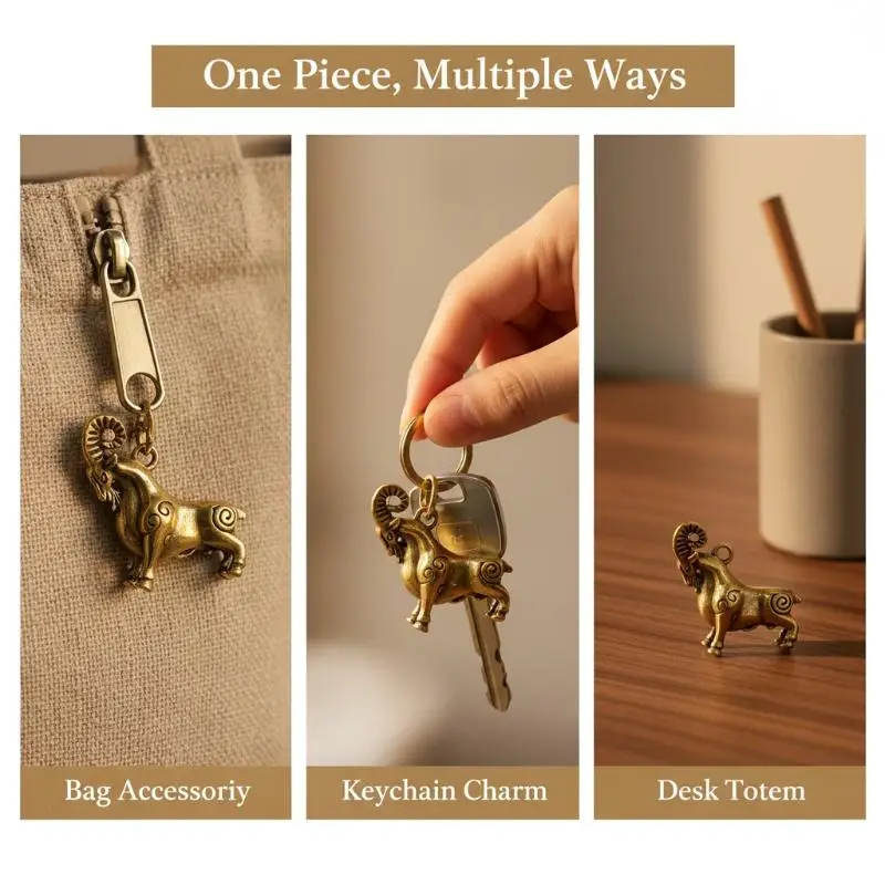 Retro Brass Sheep Pendant Ornament Tiny Brass Animal Statue for Desk Table Bookshelf Home Office Decor Gift view 2