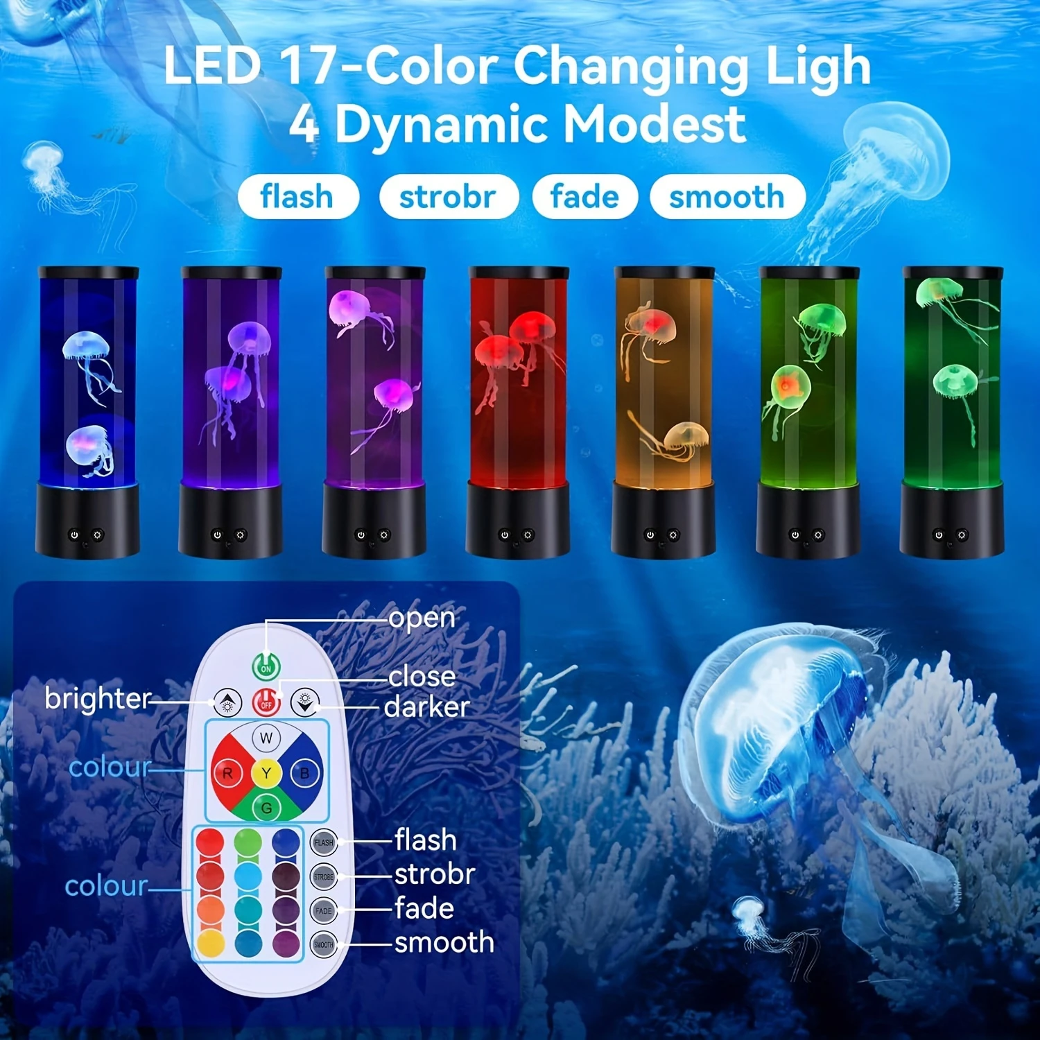 Jellyfish Mood Night Light - Dimmable, Adjustable, Alexa Compatible, Freestanding USB LED Aquarium Light with Glass Shade - Perf