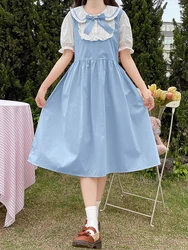 Summer Mori Girl Style Fake Two Pieces Dress Cute Bow Peter Pan Collar Princess Short Sleeve Sweetheart Knee-Length Women Dress