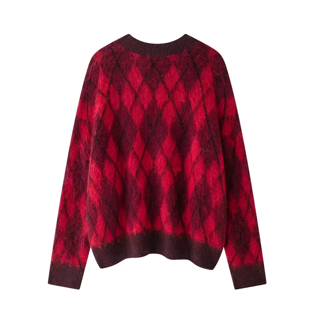 2024  Autumn  New Women's  Retro Loose  Casual  Round Neck Long Sleeve Diamond Pattern Knitted Shirt