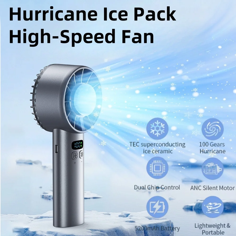 Portable Mini Fan, Handheld Fan with LED Display & Ice Face, 100 Wind Speeds 5200mAh USB Rechargeable Battery Fan