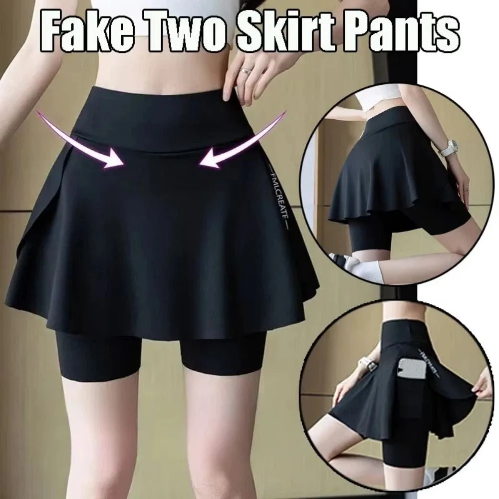 Elastic Women's Tennis Skirts High Waist Quick-Drying Fake Two-Piece Skirts Seamless Construction Stretchy Material