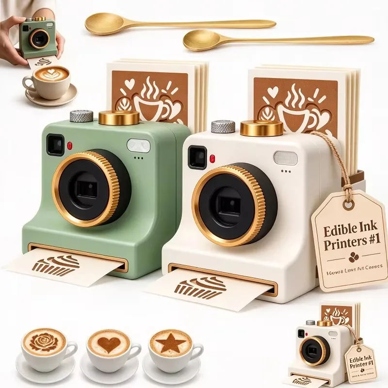 @3D Printed Funny Coffee Latte Camera Replaceable Cards One Touch Press DIY Latte Art Camera Tool Vintage Look Included Stencils