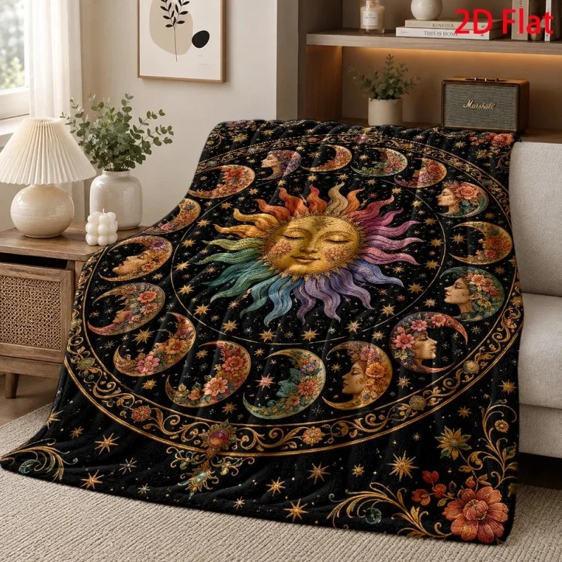 Boho Sun Moon Face Floral Flannel Throw Blanket,Vintage Celestial Star Ornate Frame Flower Print Plush Blanket