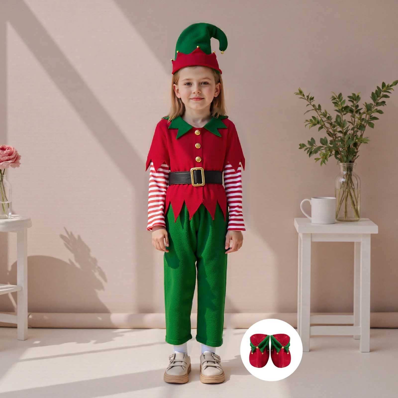 زي قزم عيد الميلاد للأولاد، قمصان مبتكرة بأكمام طويلة مع بنطال وقبعة وحزام وجوارب للحفلات التنكرية #2