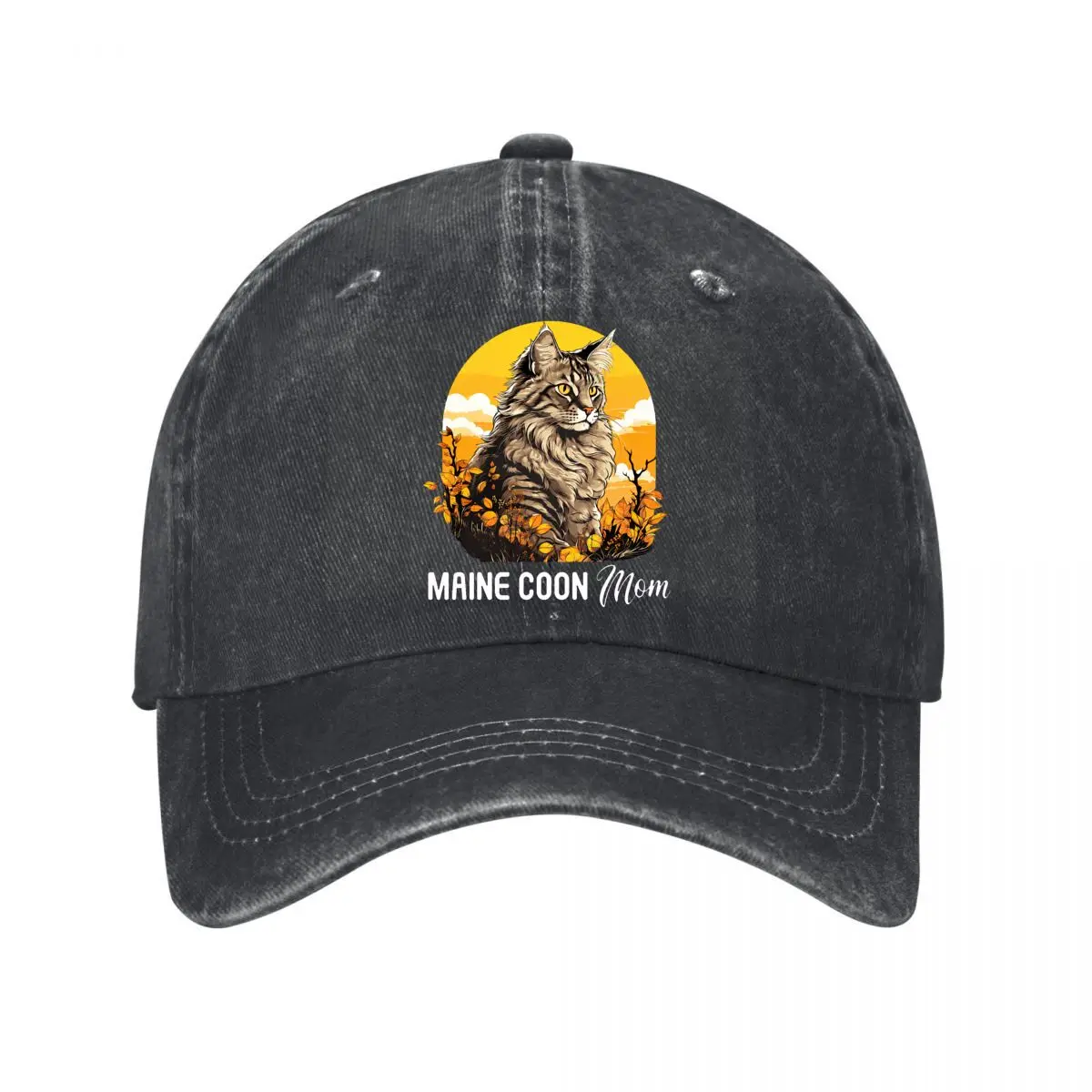 Maine Coon Cat Mom Autumn Sunset Leaves Graphic New Vintage Washed Cotton Baseball Cap Sun Hats