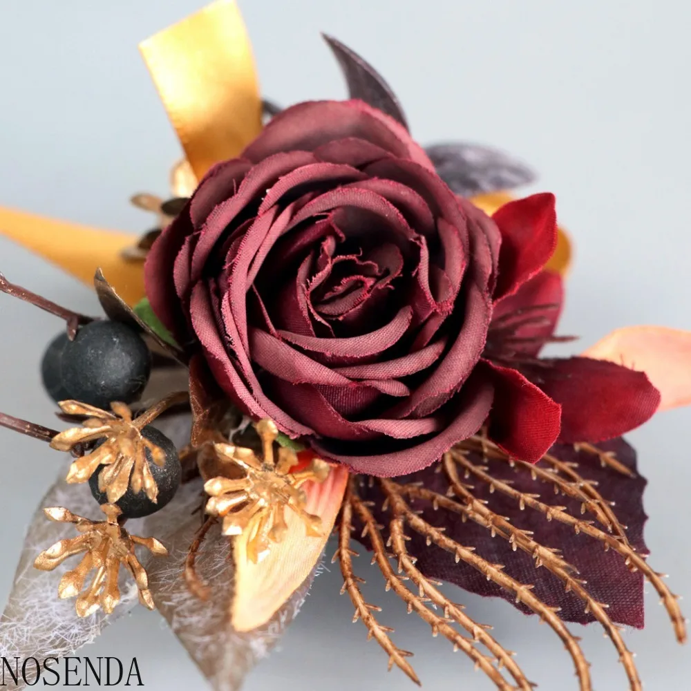 ブルゴーニュシルクローズ造花男性新郎ブートニア花嫁介添人手首コサージュブートニア結婚装飾