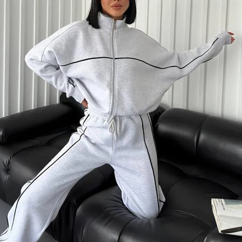 Fashion Patchwork Long Sleeve Coat&Elastic Pants Suits Lady Simple Commute Zipper Outfit Autumn Winter New Casual Sport 2PC Sets