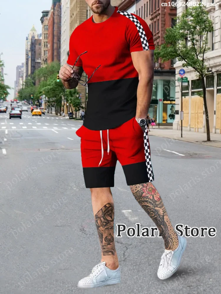 Summer Men Tracksuit Set T Shirt Men Clothes Racing Checkered Flag Sportswear 2 Piece Shoits Fashion Streetwear Solid Color Suit