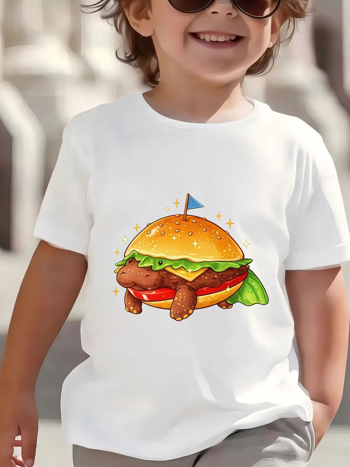 Kids Cute Turtle Burger Food Graphic Tee Boys Girls Family Matching Short Sleeve Funny Cartoon Animal Casual Daily T Shirt