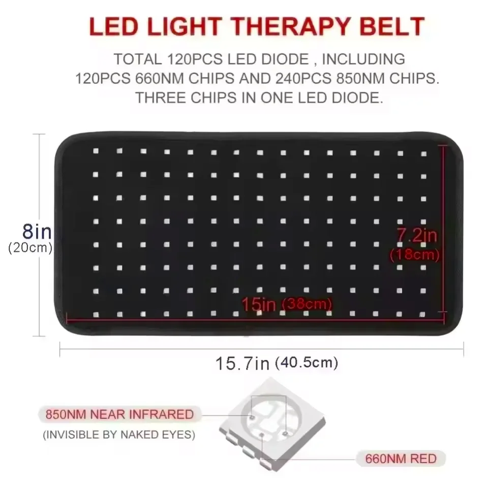 

850nm&660nm120pcs LEDs Red &Infrared LED Light Therapy Belt Back Pain Relief Mat Weight Loss Slimming Machine Waist Heat Pad