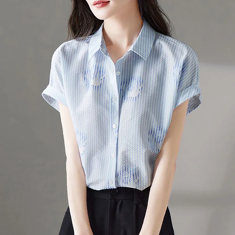 

Fashion Lapel Button Printed Striped Shirts Women's Clothing 2024 Summer New Loose Korean Tops Short Sleeve Office Lady Blouses