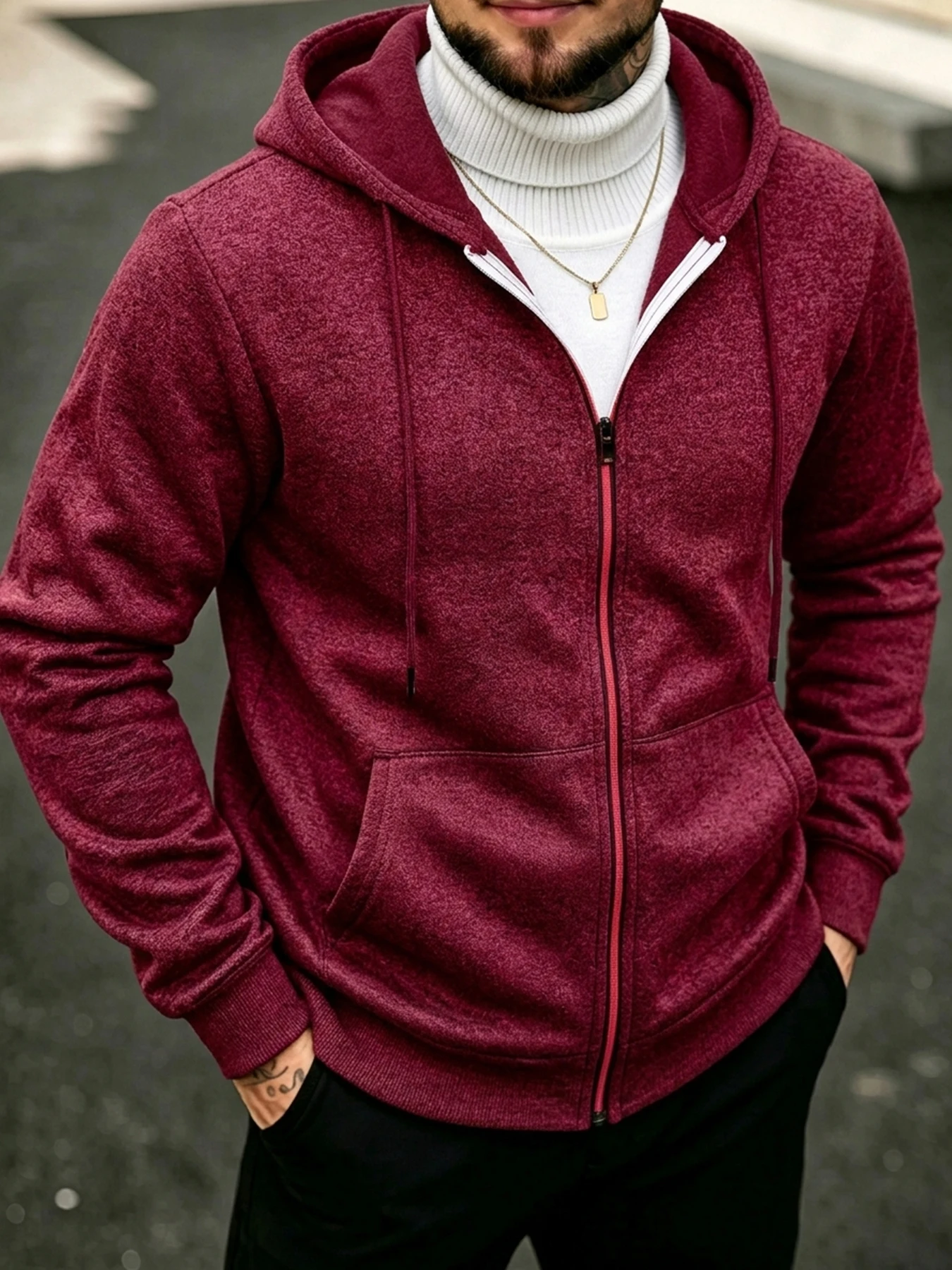 Autumn And Winter Men's Fleece Lined Hooded Jacket Full Zip  Windproof Warm Casual Coat With Side Pockets