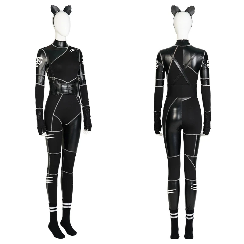 

Movie Wednesday Addams Cosplay Black Leather Adult Tights Women's Jumpsuit Shoes Wigs Headwear Halloween Child Costume Plus Size