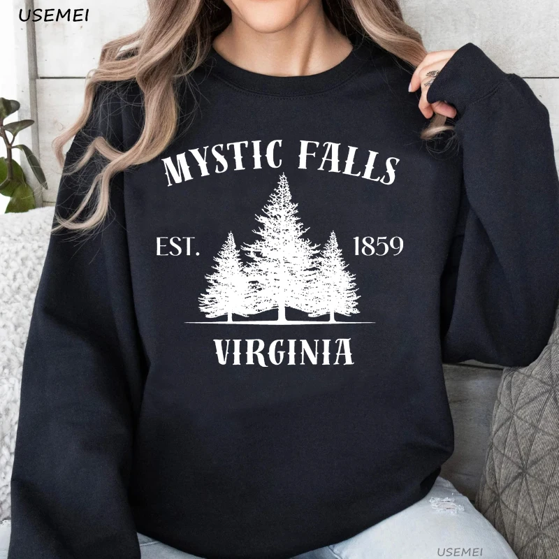 

Mystic Falls Crewneck Sweatshirts Fall Vampire Diares Halloween Hooded Sweatshirt Harajuku Pullover Women's Clothing