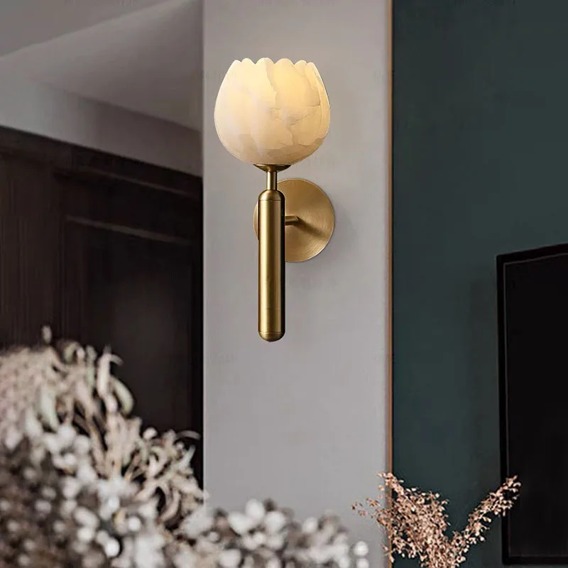 Modern Chinese Style Bedroom Bedside Flower Bud Marble Wall Lamp Luxury Living Room Background Porch Led Copper Lighting