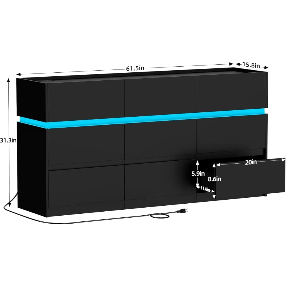 Cômoda preta com 9 gavetas - Organizador de cômoda larga 61,4 com estação de carregamento e luzes LED, cabine moderna com gaveta para suporte de TV