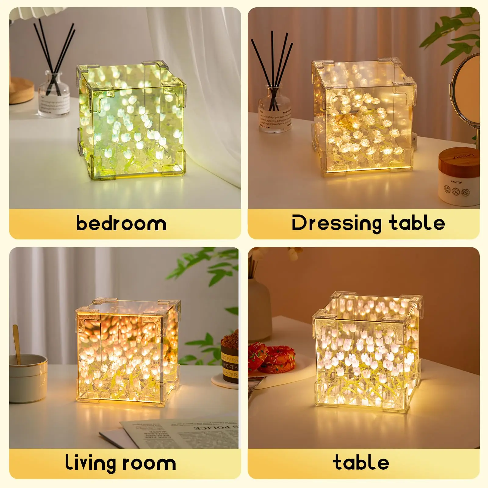 DIY Tulip Lamp Three-Dimensional Transparent Cuby Nightlight Lamp And Mirror 2 In 1 Anniversary Couple Gifts Bedroom Decorations