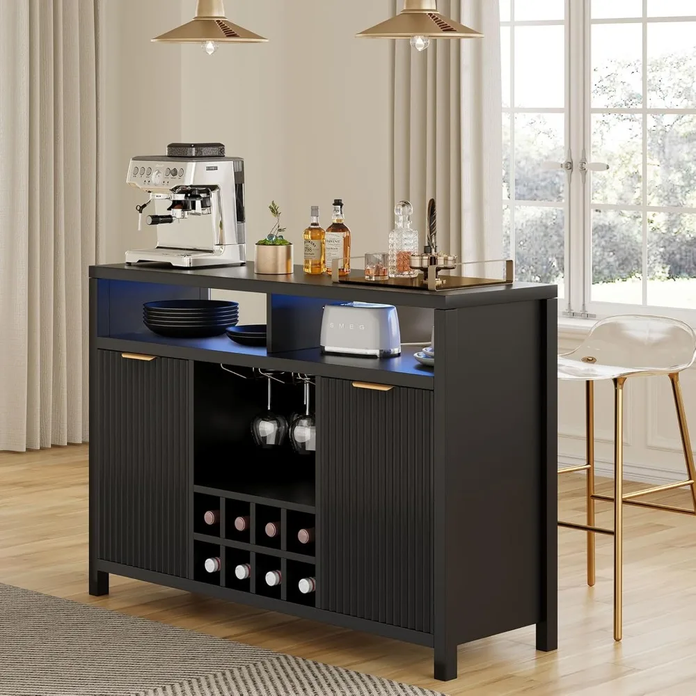 LED-Illuminated Home Bar Cabinet with Charging Station, Wine Rack, Storage, and Coffee Bar Functionality
