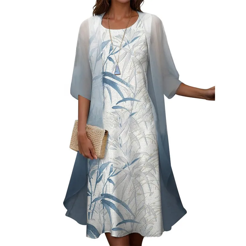 

New Hot Spring And Autumn Fashion Casual Printed Chiffon Dress Two-Piece Set Trendy Floral Design Comfortable Lightweight