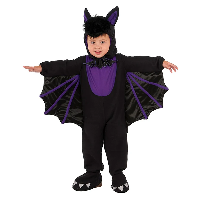 

2025 Unisex Child Purple Vampire Bat Costume Boys Bat Fancy Dress up Kids Flying Bat Jumpsuit Halloween Costume With Hat