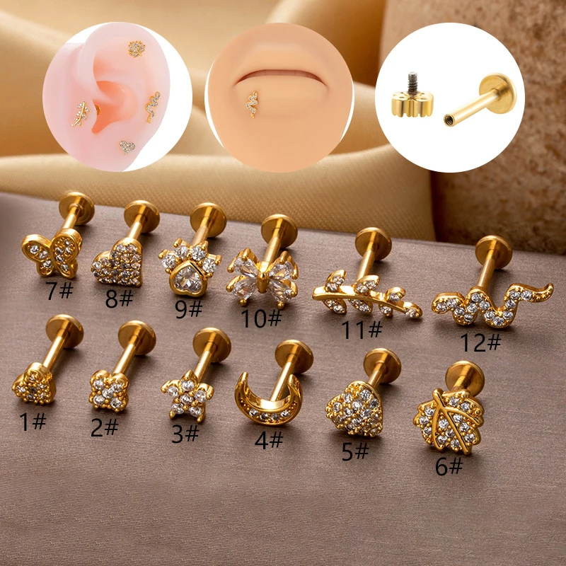 1 pieza 99% titanio puro pequeño cristal mariposa lágrima Luna pendiente para mujer joyería hélice Tragus Piercing oreja Stud encanto regalo