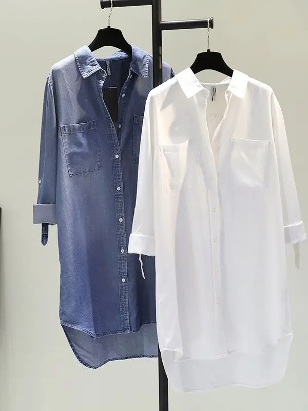 

Casual White Denim irt Dr Women's Roll Sve Thin Open Cardigan Sle Commute Korean Loose Fit Long Sve Polyester