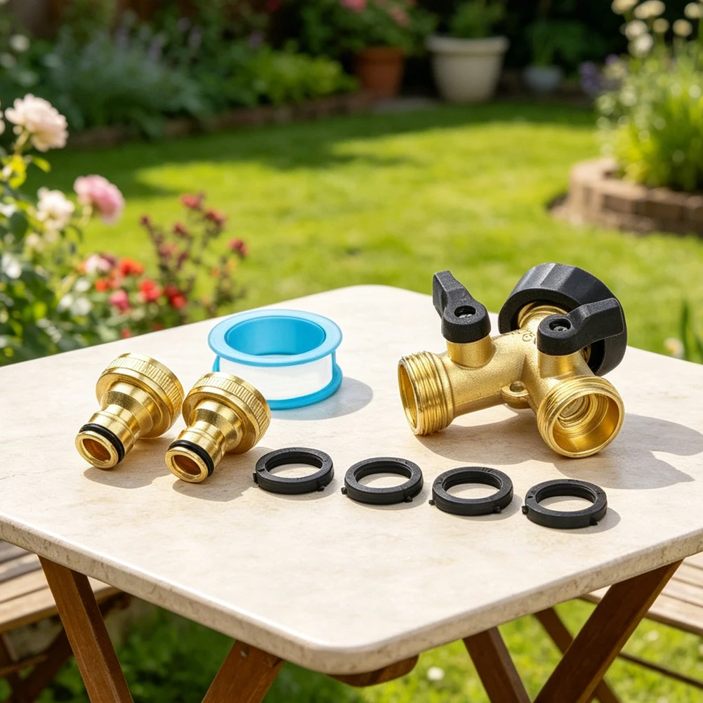 Brass 2-Way Garden Hose Connector with Dual Flow Control Valves and Tight-Seal Rubber Washers for Reliable Multi-Hose Operation