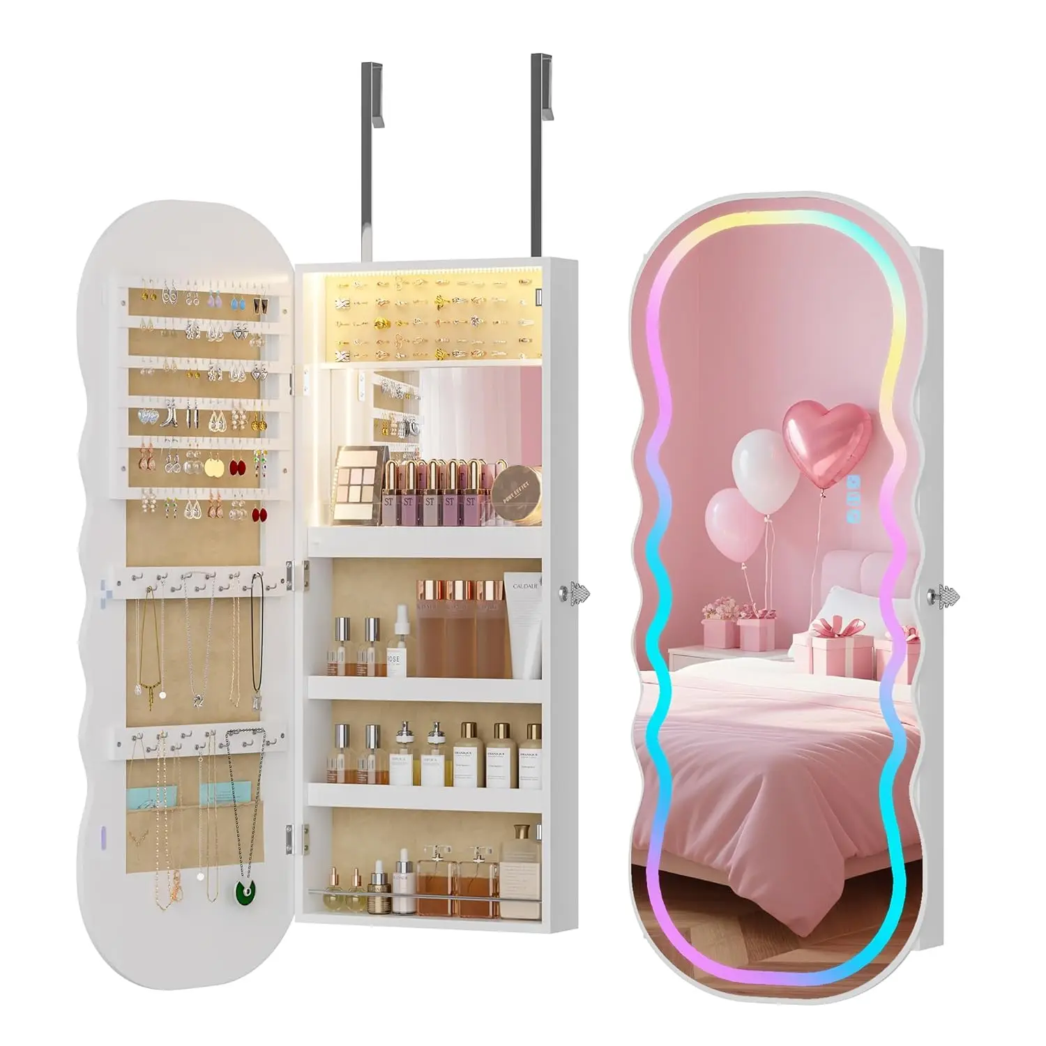 

RGB Lighted Mirror Jewelry Cabinet,LED Wavy Wide Mirror with Storage, Wall or Door Mounted Jewelry Organizer with Interior Mirro