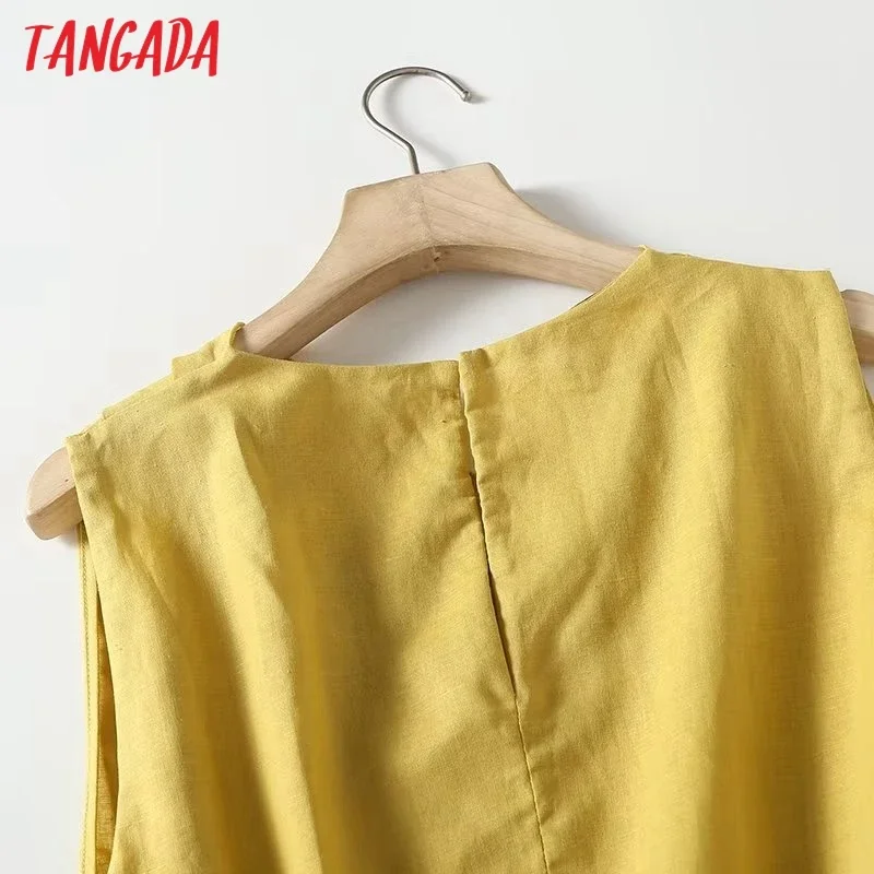 Tangada 2024 Women Cotton Linen Cropped Tank Female Cross Sleeveless Shirt Top 4C124