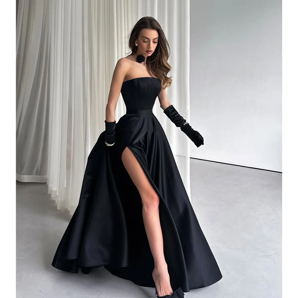 

Customized Black Strapless Backless Side Slit robes de soirée Gloves Satin Party Dresses Floor-Length A-line Prom Dress 2025