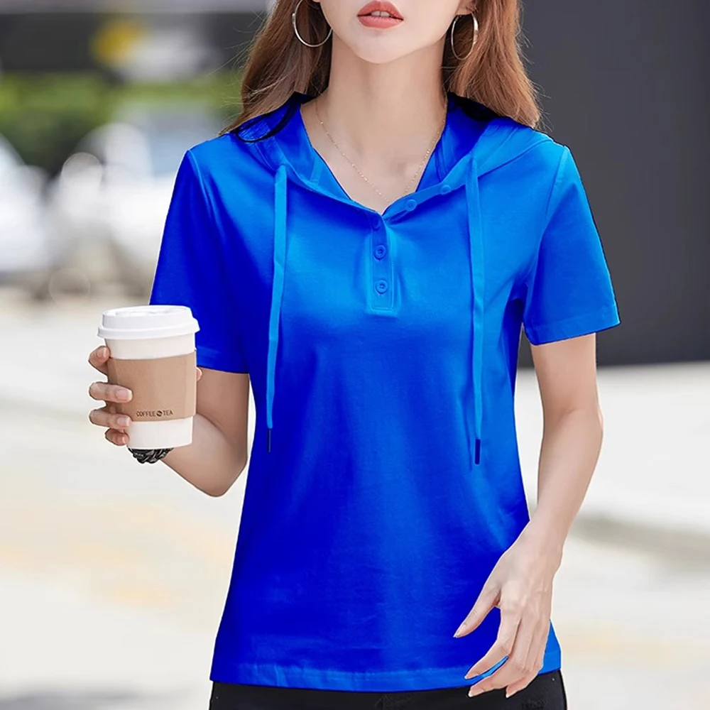 تي شيرت بقلنسوة بأكمام قصيرة من المحطة الأوروبية للسيدات صيفي جديد عصري وخفيف الوزن بتصميم فاخر وفضفاض غير رسمي كبير الحجم