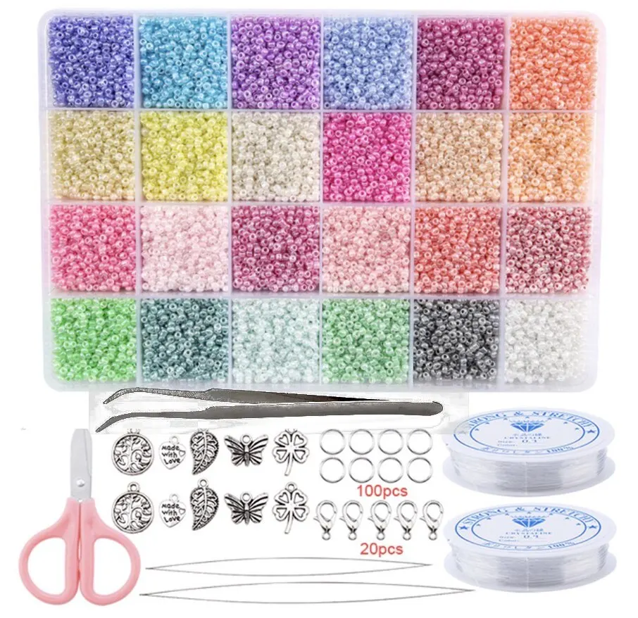 20000pcs Jewelry Making Kit Seed Beads Set 2mm Glass Beads Set Necklace Bracelets Ring Making Seedbeads Kit For DIY Art Craft