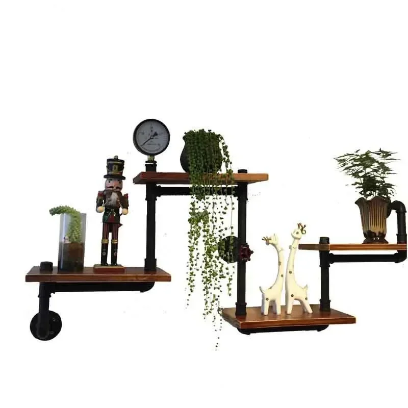 Water pipe wrought iron solid wood ledge, living room retro word baffle storage rack
