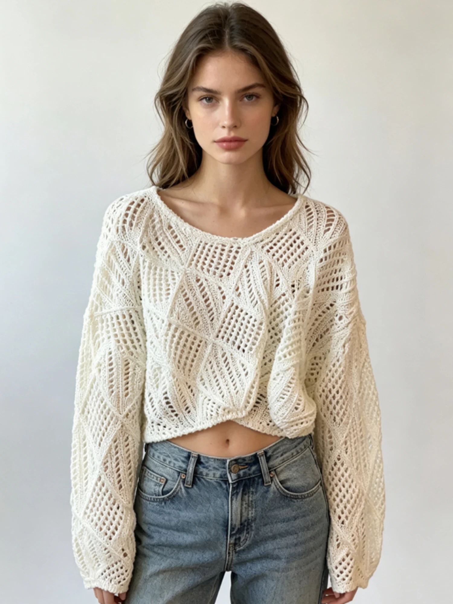 Women's Off-white Hollow-out Crew Neck T-shirt Knit Top Y2K Gyaru T-shirt Vintage Korean Style T-shirt for Women Spring Summer