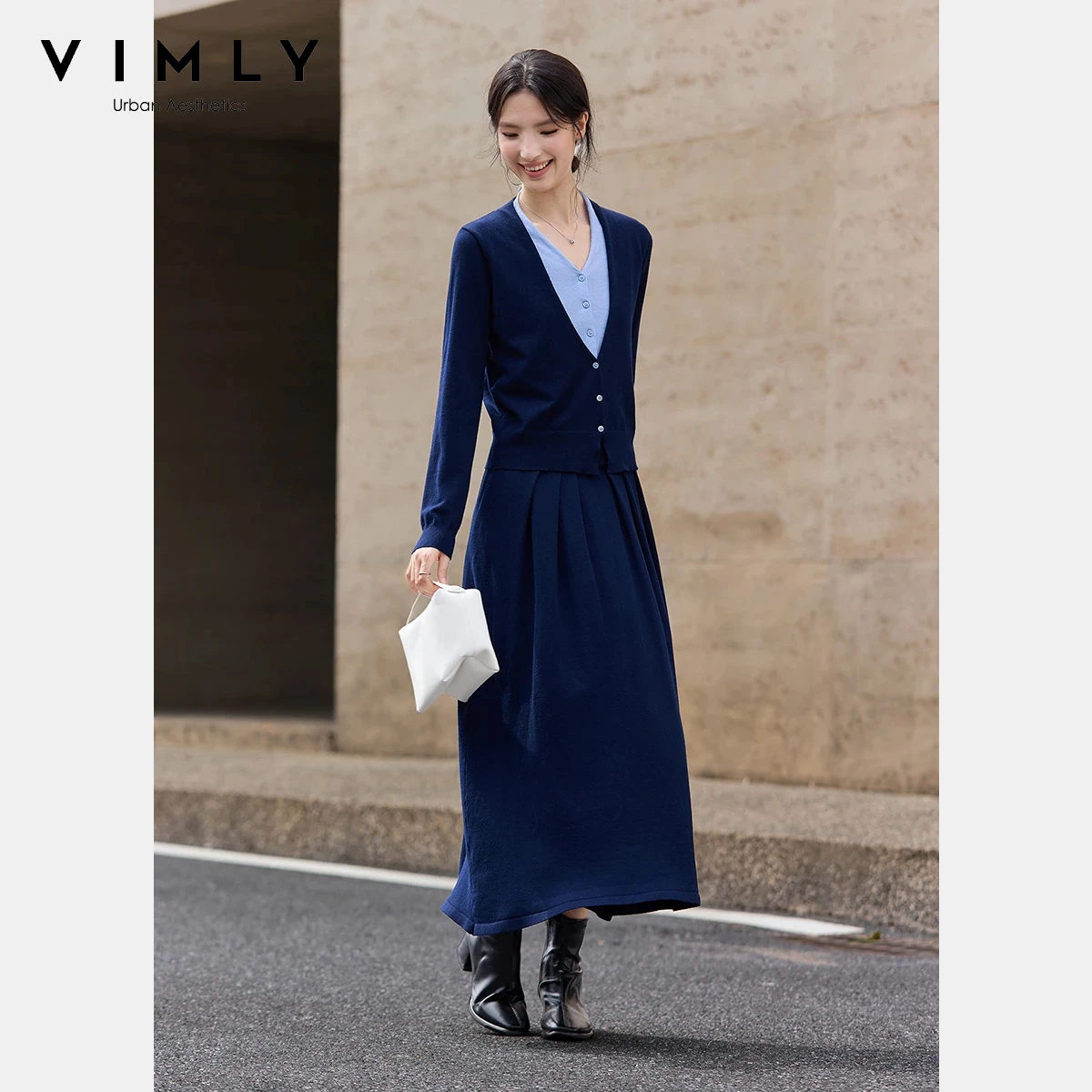 

VIMLY Women's Blue Knitted Set 2025 Autumn V-Neck Patchwork 2 in 1 Cardigan Pleated Long Skirt Female Two Piece Skirt Set 75135