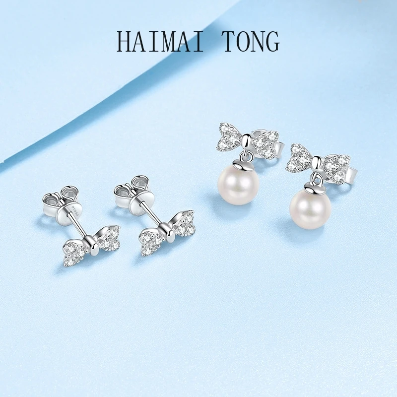 Designer Platinum PT950 Bowknot Stud Earrings Brilliant 0.3ct Moissanite Diamond with Freshwater Pearls 6mm for Women Cute Gift