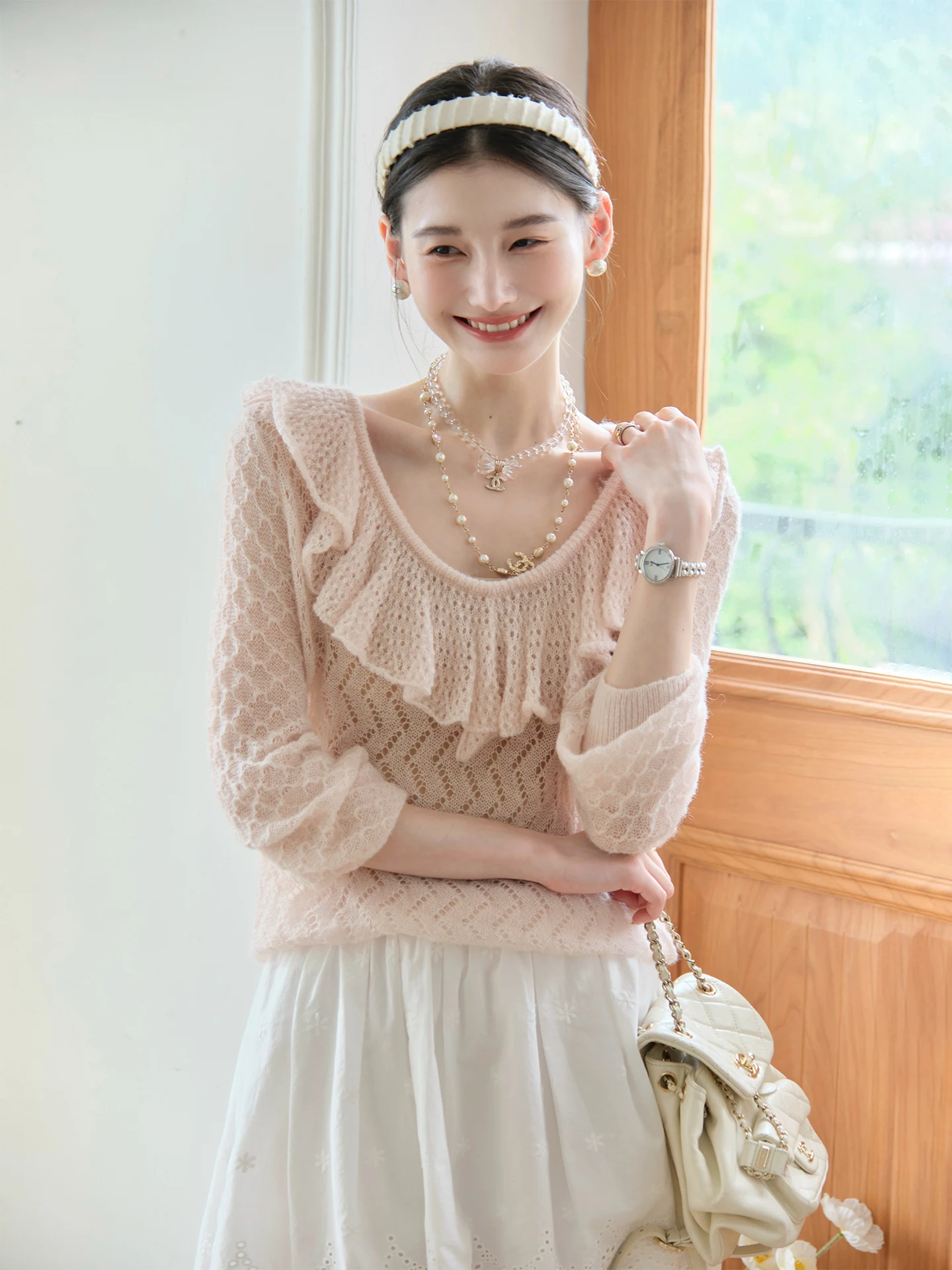 

ChillCozy Романтичный ажурный вязаный свитер с круглым вырезом из смесовой шерсти альпака, с подолом, женский, свободного кроя, укороченный, летний