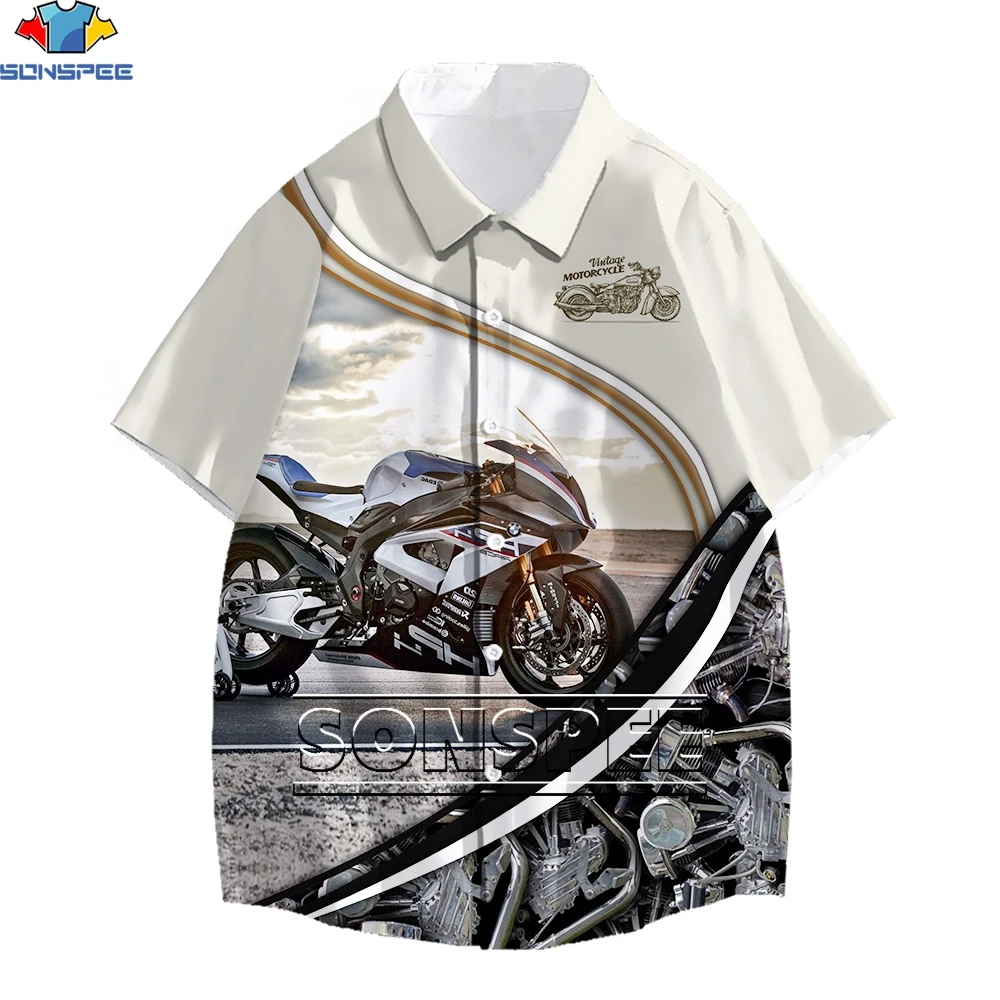 SONSPEE Vintage Motorcyc 3D Print Hawaiian Shirt Men Women Fashion Mechanical Hip hop Harajuku Shirt Beach Short Sleeve Blousers