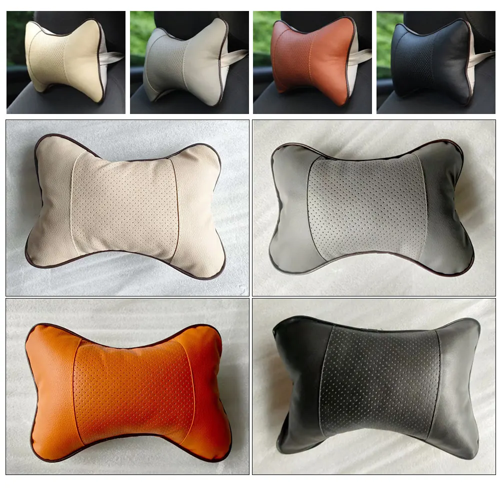 Car Pillows PU Leather Knitted Headrest Neck Rest Cushion Support Seat Head Pain Relief Auto Black Safety Pillow Auto Universal