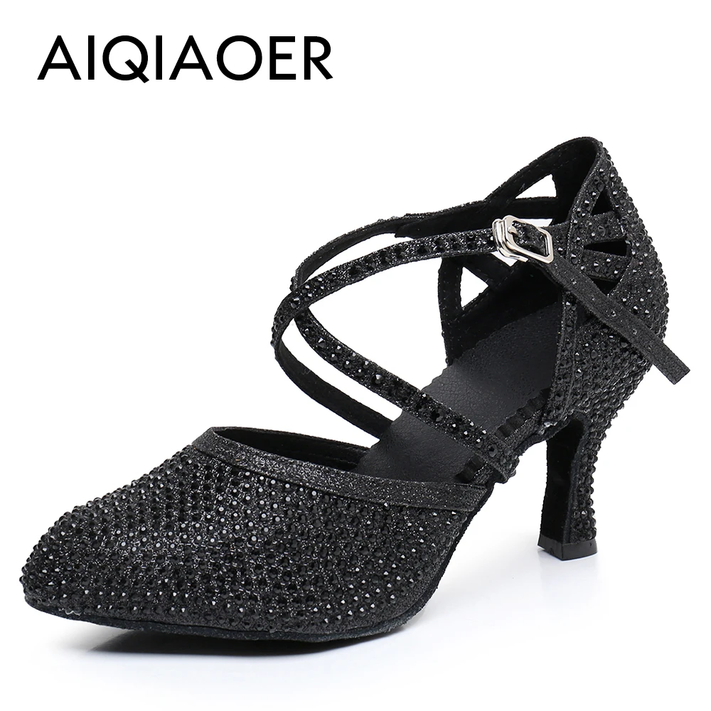 Latin dancing shoes Lady Salsa Tango Ballroom party sneakers Rhinestone satin black silver girl high heel outdoor closed toe sho