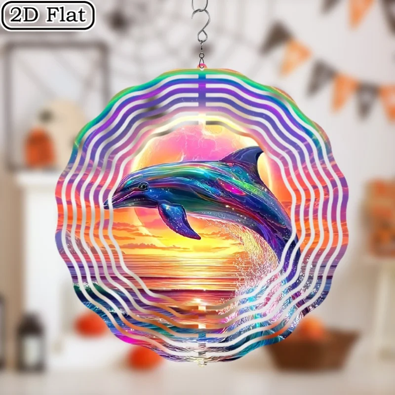 2D Plane Colorful Dolphin Sunset Metal Wind Chime - Durable Iron Hanging Dynamic Garden Decoration, Moonlight Sea Wave Sea View