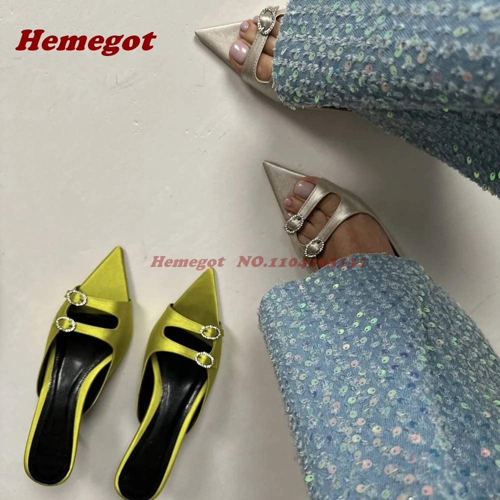 Green Satin Crystal Buckled Slippers Cutout Pointy Toe Kitten Heels Women's Slippers Slip On Outside Splicing Shoes Summer Sexy