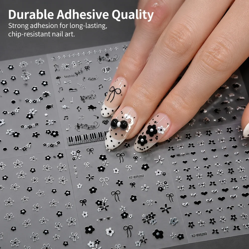 6Pcs Self‑Adhesive Nail Decals Black Silver Hollow Flower Piano Key Musical Note Pattern 3D Stickers For Nail Art DIY Ornament