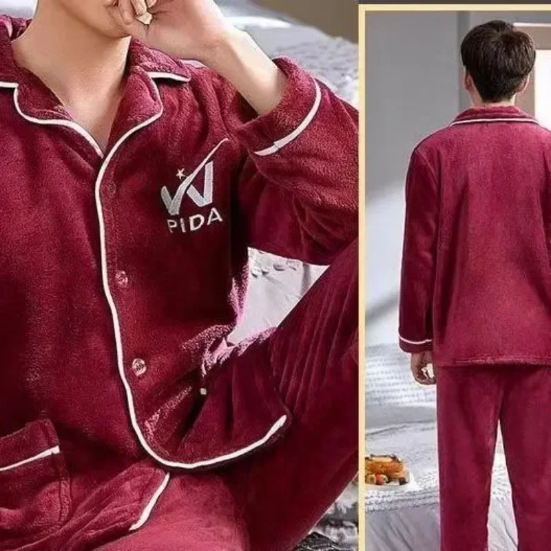 New Autumn Winter Pajama Men Thick Flannel Middle-aged Homewear Warm Plush Nightgown Plus Large Size Sleepwear Coral Velvet Suit