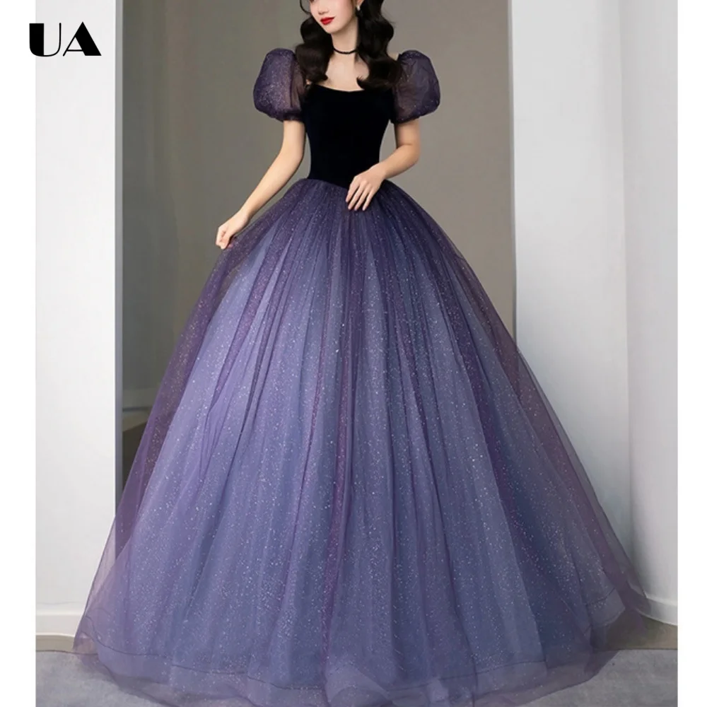 

ULBYANRY Customized Mesh Puff Sleeve Evening Dress for Woman, Elegant A-line Round Neck Party Dress, Sparkly Lace-up Ball Gown