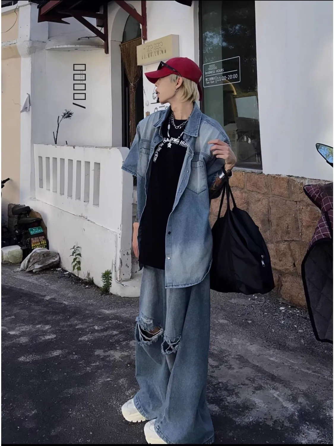 

Ретро-джинсовый комплект в американском стиле: мужские прямые джинсы с дырками и модная летняя повседневная футболка с коротким рукавом для молодежи