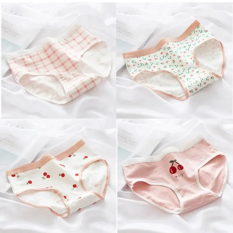 4pcs Sexy Korean Cotton Crotch Mid Waist Sweet Girl Stripe Women Intimates Cherry Printed Briefs Floral Panties