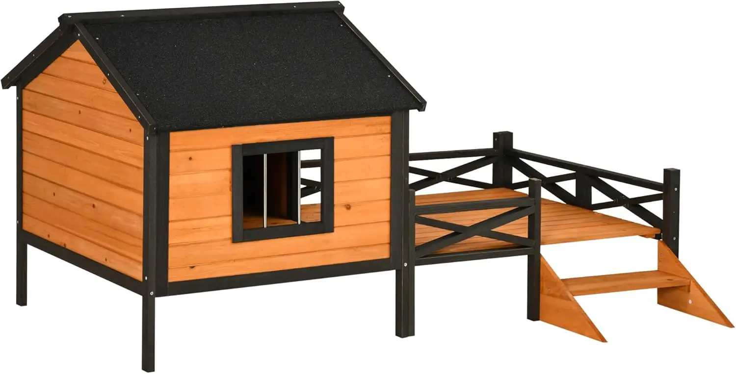 Wooden Dog House with Porch, Outside Dog House with Water-Resistant Asphalt Roof, Ladders, Fencing, Window