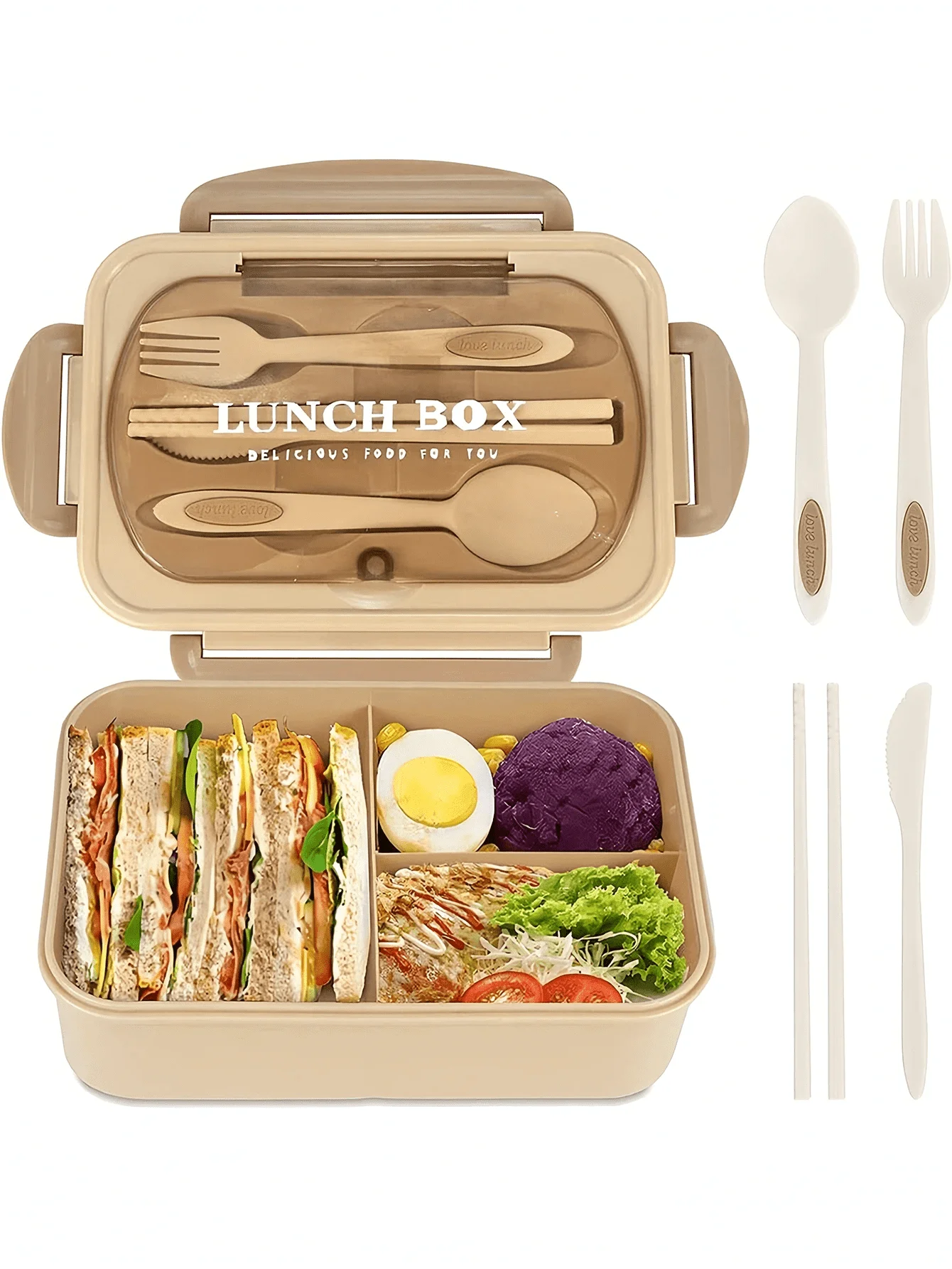 1pc 1200ml Leak Proof Adult Bento Box Lunch Container With Utensils, 3 Compartments, Available In Pink/Blue/Khaki/Green Christmas Gift,School Supplies sh2405049213305079